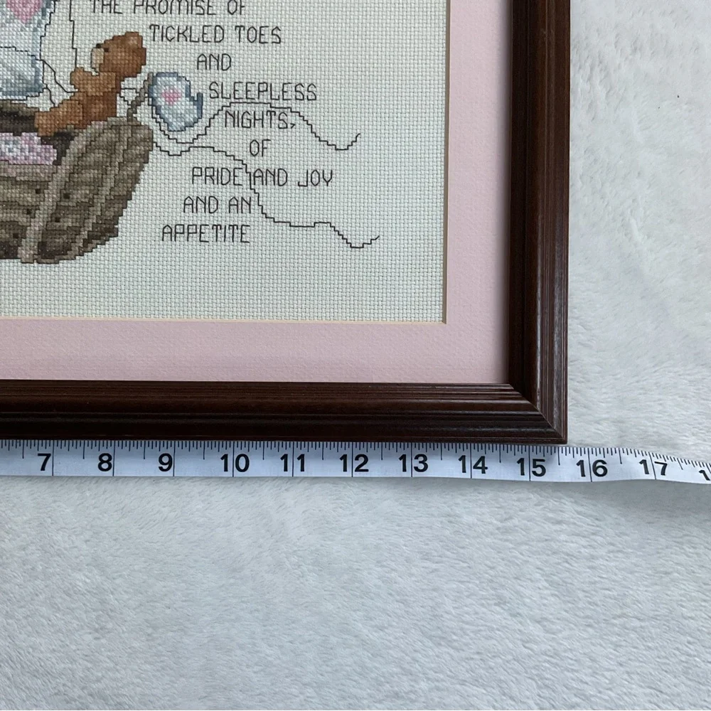 Vintage 1990s Baby Cross Stitch Sampler Framed Nursery Wall Art Cottagecore